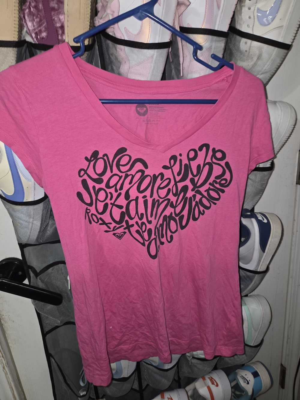 Roxy Pink V-Neck Heart Graphic Tee
